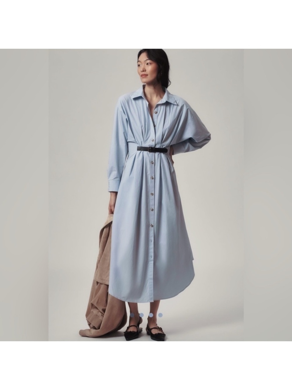 By Anthropologie Pleated Buckle Midi Shirt Dress in Blue Size 6 Cotton